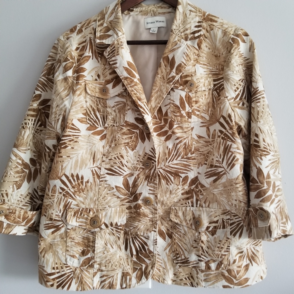 Studio Works Safari Palm Tree Print Linen Blend Blazer Jacket Large